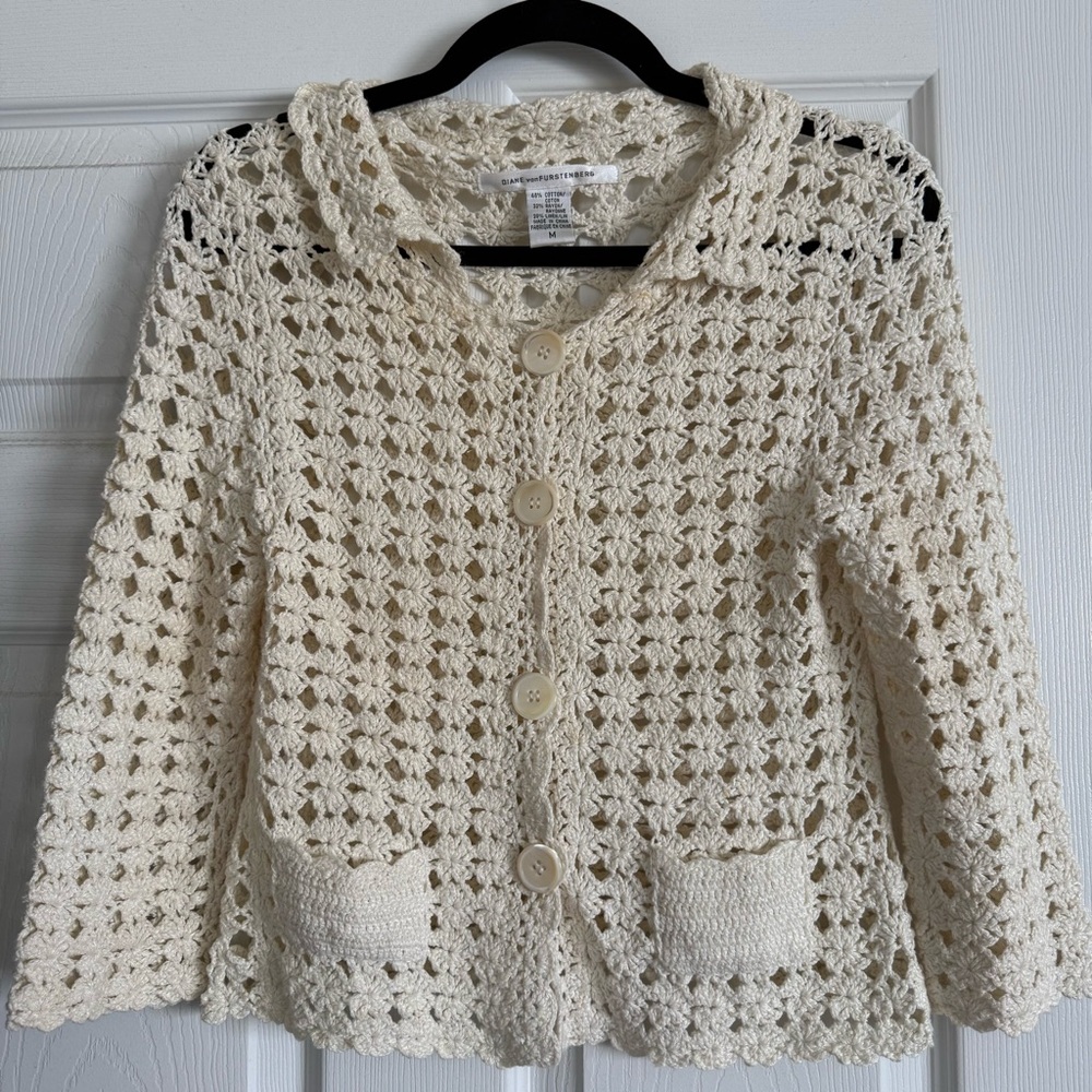 Diane Von Furstenberg Knit Crochet Cream Cardigan Size Medium